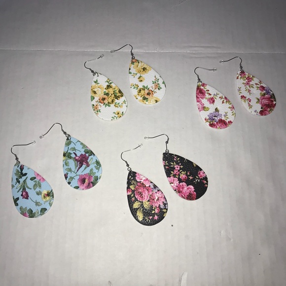 Jewelry - Floral Teardrop Earrings Faux Leather Set of 4 New